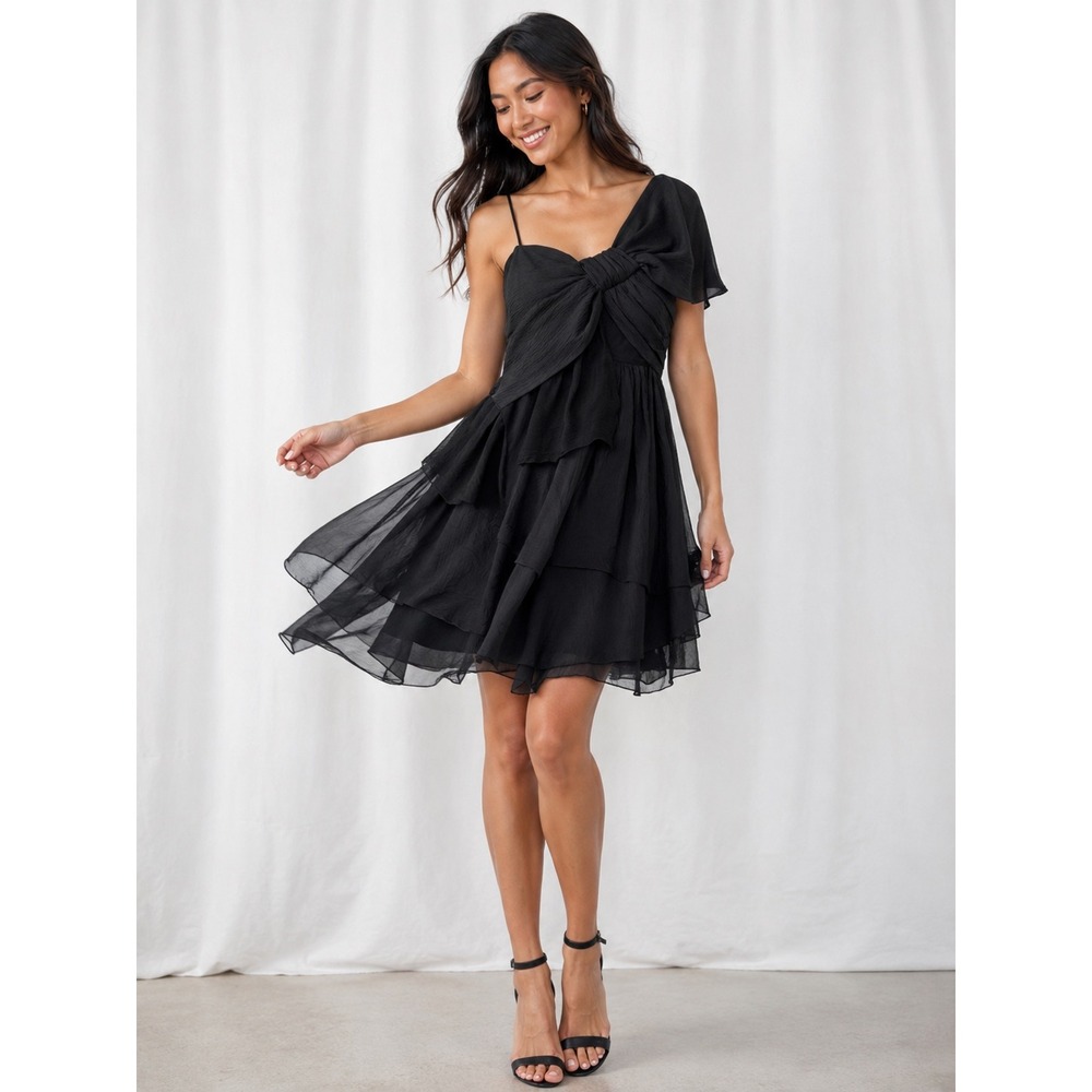Leon Max Limited Edition Black 100% Silk Bow Ruffle One Shoulder Mini Dress